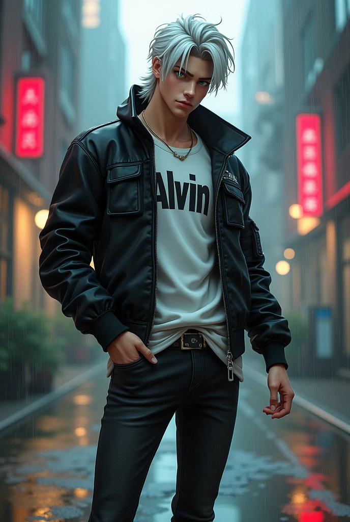 Erkek cocuk, pele caucasiana, , White hair, wearing black jeans, wearing black boots, White T-Shirt and her name 'ALVIN' has written on that with black aviator jacket, greeneyes,curved body, cocked ass, cyberpunk atmosphere, Raby, アニメ, Mullet, upper body, Anime Style,Two Side Up, 3D