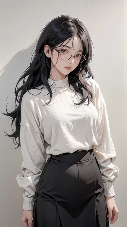 30-year-old woman、female teacher、Glasses、Black Hair,、Perm、Long Hair、Casual wear、Formal look、sweater、Dress shirt、Clothing patterns、Clothing Design、Tight Skirt、whole body、
