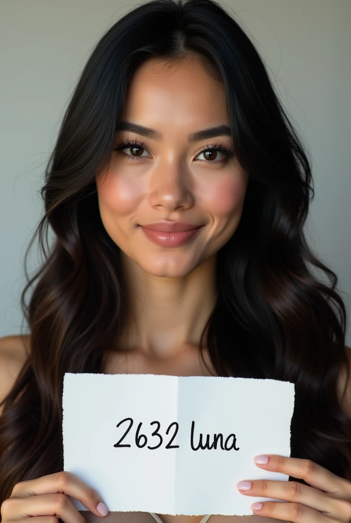 Generate a highly detailed, ultra-realistic portrait of a woman of Asian descent from Turkey. She has long, flowing black hair that frames her face beautifully, with some strands gently cascading down her neck and shoulders. Her deep black eyes have thick, expressive eyelashes, and her skin tone is a warm medium shade. Her full, natural lips form a gentle, relaxed smile. The image should capture the following: The woman is holding a piece of paper in front of her, clearly visible and centered in the frame. The paper has "2632 Luna" written on it in a legible, neat handwriting. Her entire face, neck, and upper shoulders are visible, with a focus on ensuring her features are clear and vivid. The photo is taken with a high-definition camera, highlighting the texture of her skin, the depth of her eyes, and the shine of her hair. The background is clean and minimalist, ensuring the focus remains on the woman and the paper.
