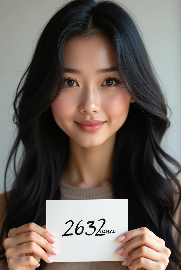 Generate a highly detailed, ultra-realistic portrait of a woman of Asian descent from Turkey. She has long, flowing black hair that frames her face beautifully, with some strands gently cascading down her neck and shoulders. Her deep black eyes have thick, expressive eyelashes, and her skin tone is a warm medium shade. Her full, natural lips form a gentle, relaxed smile. The image should capture the following: The woman is holding a piece of paper in front of her, clearly visible and centered in the frame. The paper has "2632 Luna" written on it in a legible, neat handwriting. Her entire face, neck, and upper shoulders are visible, with a focus on ensuring her features are clear and vivid. The photo is taken with a high-definition camera, highlighting the texture of her skin, the depth of her eyes, and the shine of her hair. The background is clean and minimalist, ensuring the focus remains on the woman and the paper.