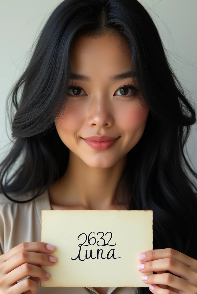 Generate a highly detailed, ultra-realistic portrait of a woman of Asian descent from Turkey. She has long, flowing black hair that frames her face beautifully, with some strands gently cascading down her neck and shoulders. Her deep black eyes have thick, expressive eyelashes, and her skin tone is a warm medium shade. Her full, natural lips form a gentle, relaxed smile. The image should capture the following: The woman is holding a piece of paper in front of her, clearly visible and centered in the frame. The paper has "2632 Luna" written on it in a legible, neat handwriting. Her entire face, neck, and upper shoulders are visible, with a focus on ensuring her features are clear and vivid. The photo is taken with a high-definition camera, highlighting the texture of her skin, the depth of her eyes, and the shine of her hair. The background is clean and minimalist, ensuring the focus remains on the woman and the paper.