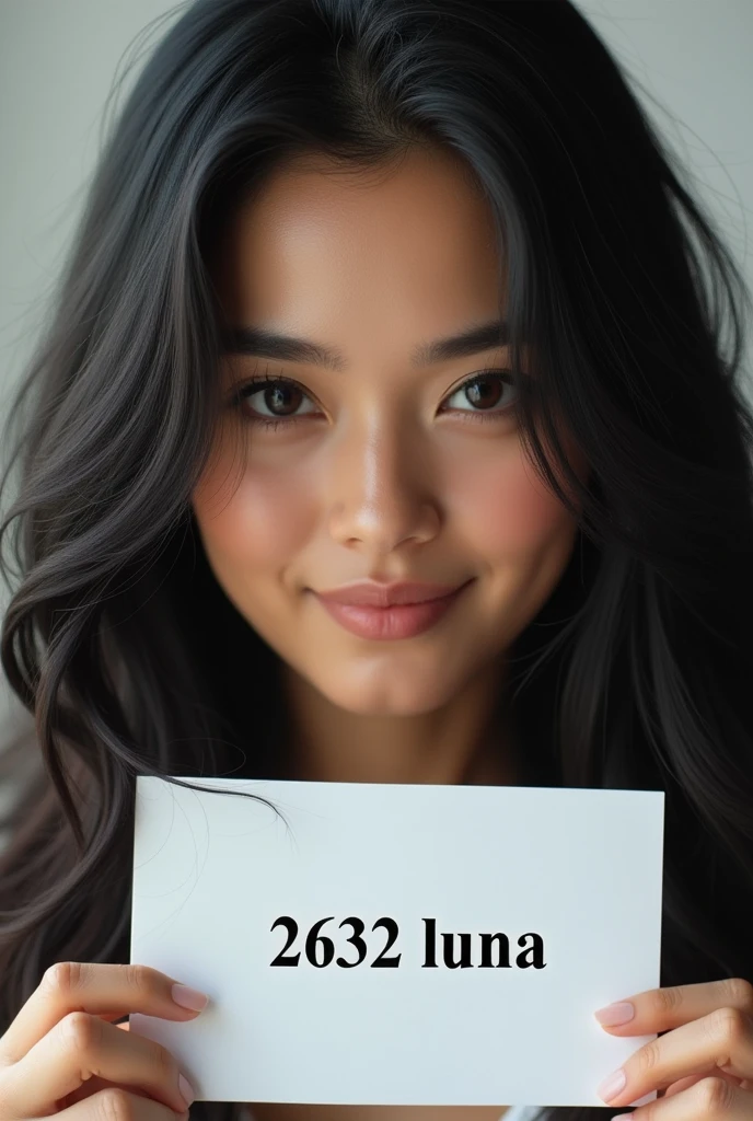 Generate a highly detailed, ultra-realistic portrait of a woman of Asian descent from Turkey. She has long, flowing black hair that frames her face beautifully, with some strands gently cascading down her neck and shoulders. Her deep black eyes have thick, expressive eyelashes, and her skin tone is a warm medium shade. Her full, natural lips form a gentle, relaxed smile. The image should capture the following: The woman is holding a piece of paper in front of her, clearly visible and centered in the frame. The paper has "2632 Luna" written on it in a legible, neat handwriting. Her entire face, neck, and upper shoulders are visible, with a focus on ensuring her features are clear and vivid. The photo is taken with a high-definition camera, highlighting the texture of her skin, the depth of her eyes, and the shine of her hair. The background is clean and minimalist, ensuring the focus remains on the woman and the paper.