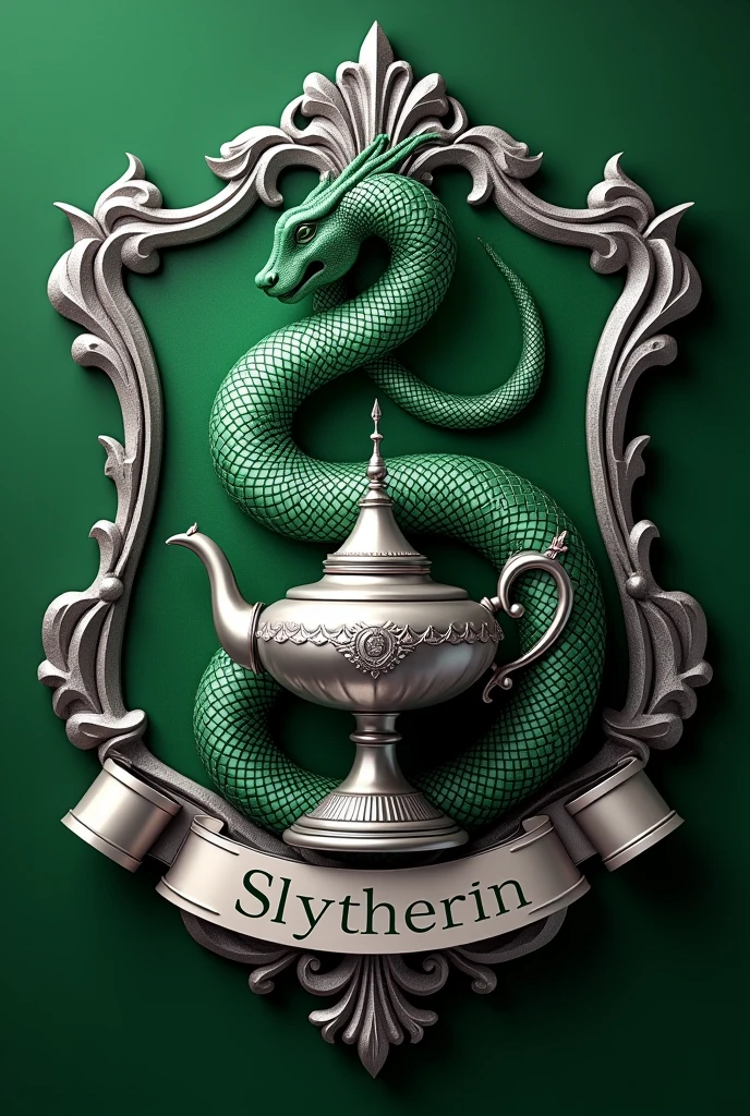A crest that combines elements of Slytherin and nursing. The coat of arms features a large green serpent, similar to Slytherin, wrapped around a silver lamp in the style of Aladdin's lamp, which symbolizes nursing. The snake has shimmering green and silver scales, with an elegant and slightly intimidating appearance. The background of the coat of arms follows the shape of the Slytherin shield., predominantly green with silver details. At the base of the coat of arms, there is a banner with the word 'Slytherin' on it, adorned with small nursing symbols, like a syringe and a stethoscope on the ends. The overall design combines the mystical and academic aura of Slytherin with the caring and professional aspects of nursing., creating a unique and harmonious emblem."