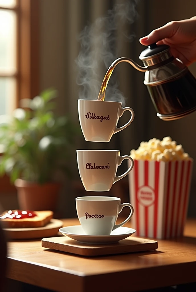 Moccapot brew coffee on to a three vertical cups. Each cup has a name printed on it that says Kintat-Abol Kintat-Bereka and Kintat-Tonana.
With full of coffee steam in the air. Toasted bread and jam spread on it. Popcorn with box at the back.