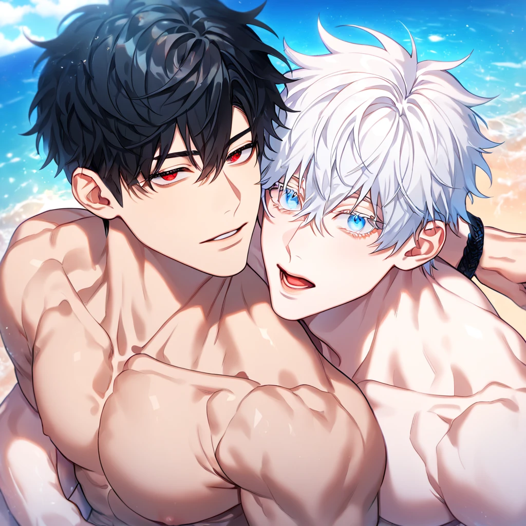 absurdres, highres, ultra detailed, HDR) master piece, best quality, extremely detailed, Kang Woojin, black hair, messy hair, expressive red eyes, hair between the eyes, Love Jinx, Gojou Satoru, white hair, expressive blue eyes, white eyelashes, two sexy men together, yaoi, gay couple, in love, handsome, manly man, adult face, black bracelet, bare chest, without shirt, sea, beach, blue sky, Jujutsu Kaisen