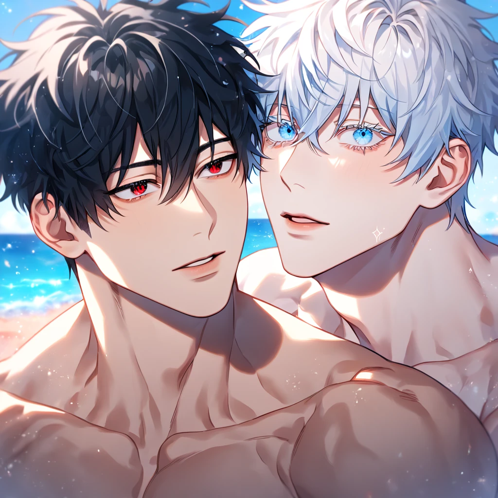 absurdres, highres, ultra detailed, HDR, master piece, best quality, detailed eyes, extremely detailed, delicated features, Fushiguro Touji, straight black hair, expressive green eyes, Jujutsu Kaisen, Gojou Satoru, white hair, expressive blue eyes, white eyelashes, two sexy men together, yaoi, gay couple, handsome, manly man, black shorts, black speedo, bare chest, summer, sea, beach, blue sky
