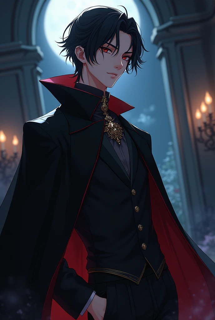 Create an image of a chic and romantic character with a black cape and an anime-style male vampire appearance