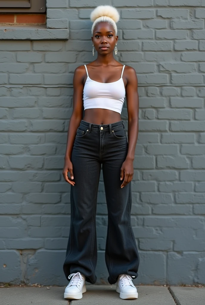 Girl: Age: 23 Height: 175 cm Nationality: African American 1. Face: Face shape: Oval face with dark skin of a warm chocolate tone. Eyes: Large brown eyes with long lashes. The gaze is soft and calm. Lips: Full, expressive lips of a natural dark pink color, with a slight smile. Nose: Straight nose with rounded nostrils, of neat shape. Hair: Medium length, white in color, straight with a slight wave.The skin is natural, without shine, matte, with barely noticeable hairs 2. Figure: Body type: Average height with a feminine figure and smooth curves. The waist is well-defined, hips are rounded, creating an hourglass silhouette. Breasts: Size 3, natural shape. Shoulders: Slightly sloped, giving the figure a softer appearance. Legs: Slim, long legs with toned muscles. 3. Clothing: Top: White cropped shirt. Bottom: Black oversized jeans. Shoes: High white sneakers. 4. Pose: Dynamic pose. 5. Location: Background: Gray brick wall on a street. Lighting: natural light. Details: Some bricks are broken. Mood: Cozy and calm atmosphere, the girl appears relaxed and enjoying solitude