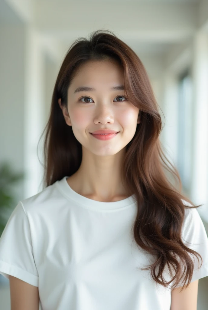 (Highest quality:1.9)、(High resolution)、Live-action image quality、((A neat and clean female college student、1 person))、Soft lighting by a professional photographer、Natural light、((Bright white room:1.6))、Natural soft light、((Brown Hair:1.1))、Fair skin、Detailed eyes、double eyelid、cheeks are slightly plump、((Small face:1.0))、Wearing a T-shirt　Live-action image quality、(I don't make bangs:1.8)、((Long hair without bangs:1.5))、((Full Body Shot:1.2))、((height: 150cm))、((Show your forehead:1.8))、