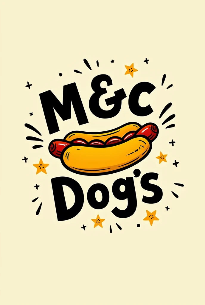 A hot dog logo with the brand "M&C Dog's" with black and yellow colors