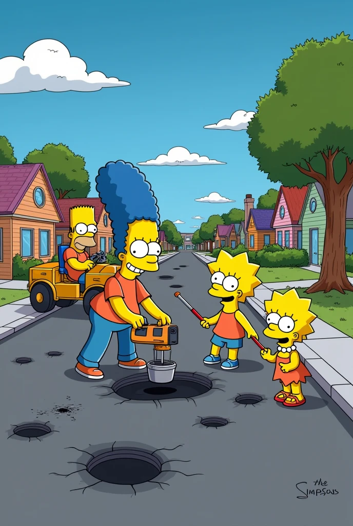 Create an image of the Simpsons working on a road by filling in holes