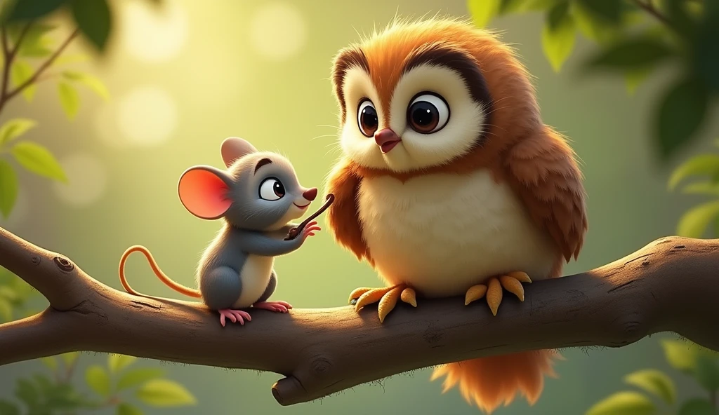 A mischievous little mouse named Chotu, with a playful expression, tugging gently on the feathers of a large owl sitting on a tree branch. The mouse is small and grey with bright, curious eyes. The owl has large, wise eyes and is slightly surprised but amused.