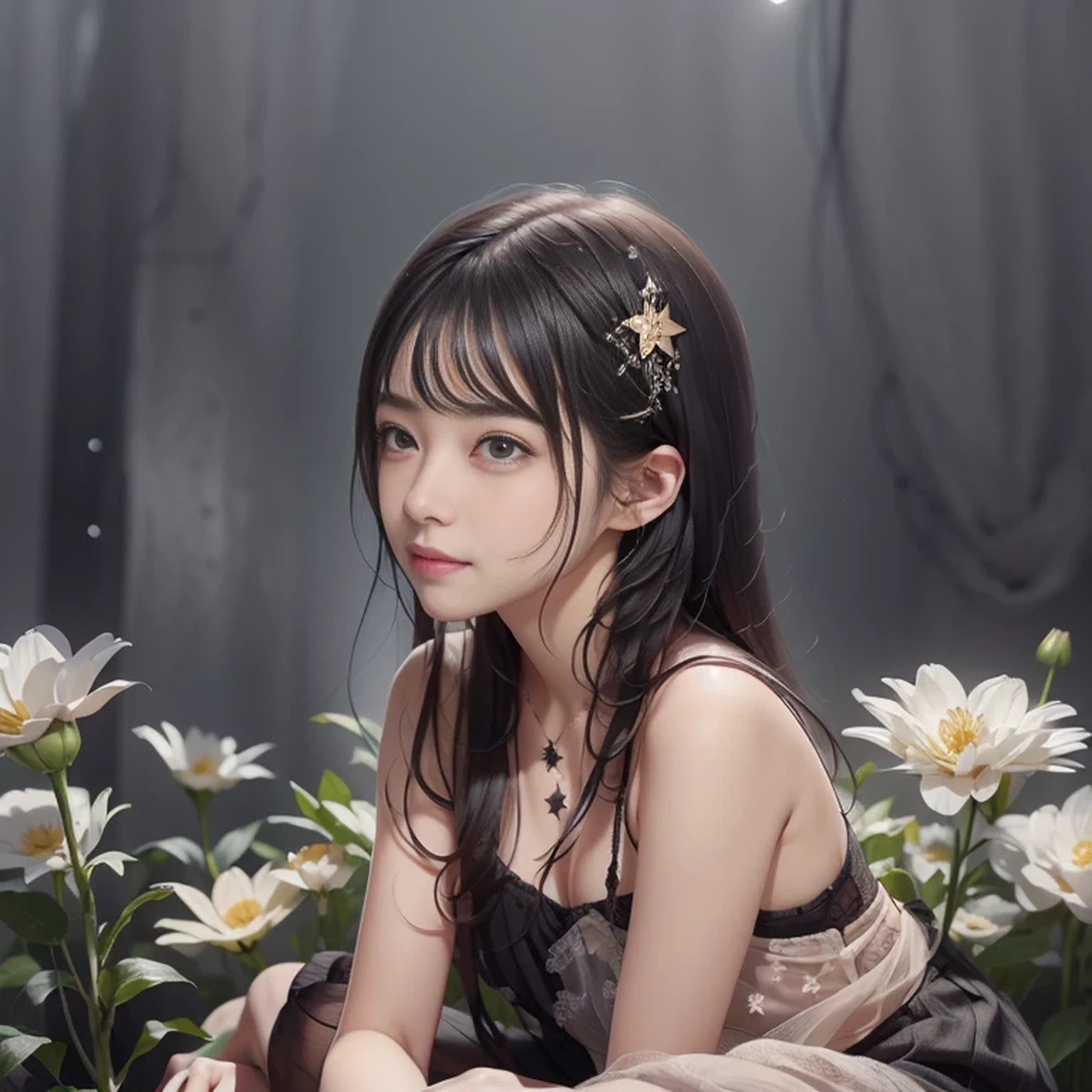The stars that adorn the night sky are like flowers blooming on the girl's cheeks.