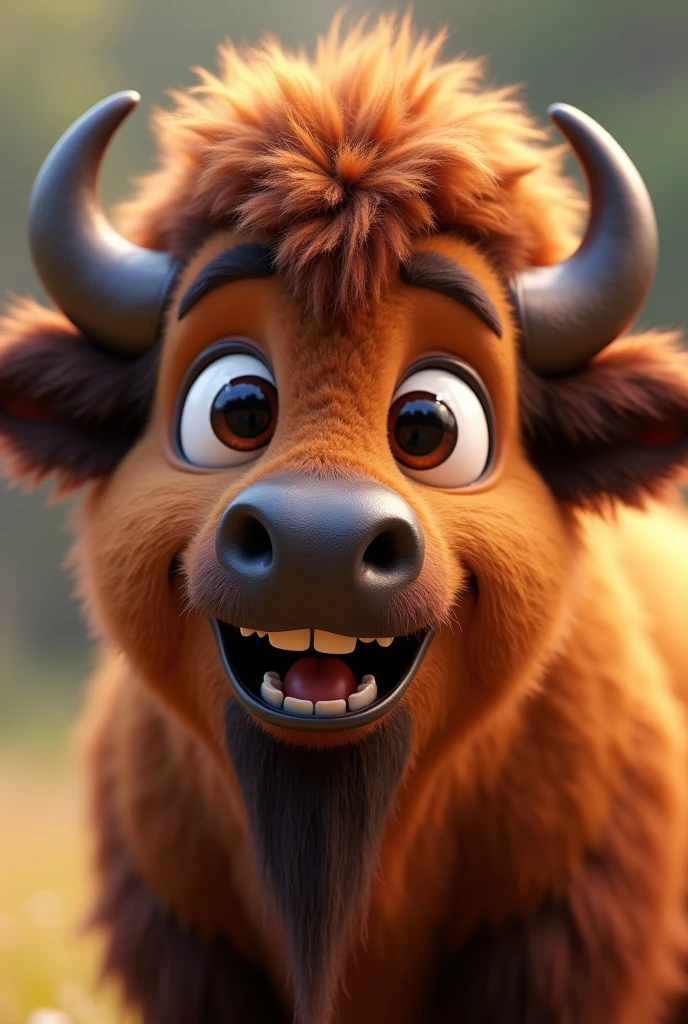 Create a close-up image of an adorable Bison smiling, facing the camera with a zoomed-in perspective. The animal should have a cute and expressive face, resembling the animation style of Pixar by Disney, with large, shiny eyes and a joyful smile. The background should be blurred to emphasize the animal's face. Each animal should appear friendly and endearing, with soft fur or feathers and bright, cheerful colors."