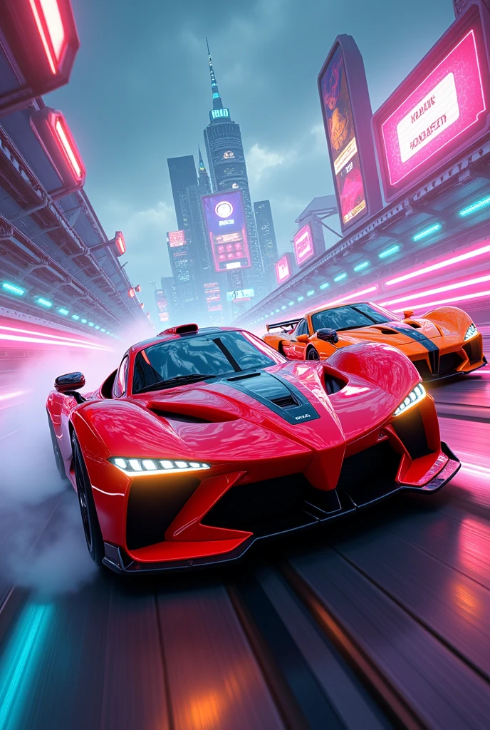 Race a red car vs an orange car, on a futuristic track make the winning orange