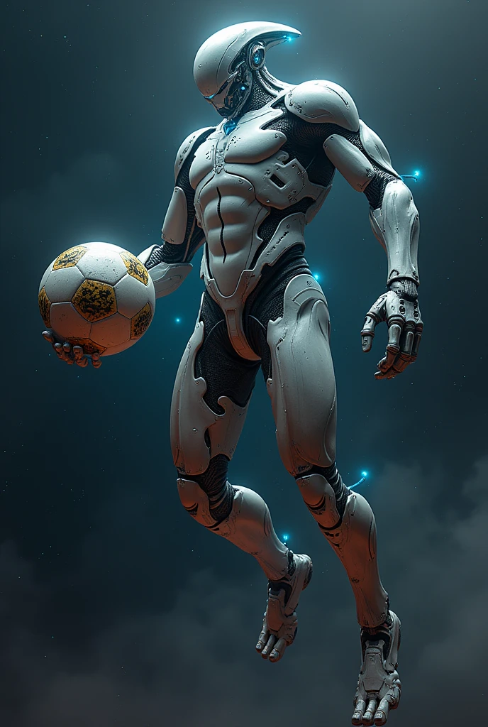 An alien soccer player, big, half alien, half robot. Holding a soccer ball in space