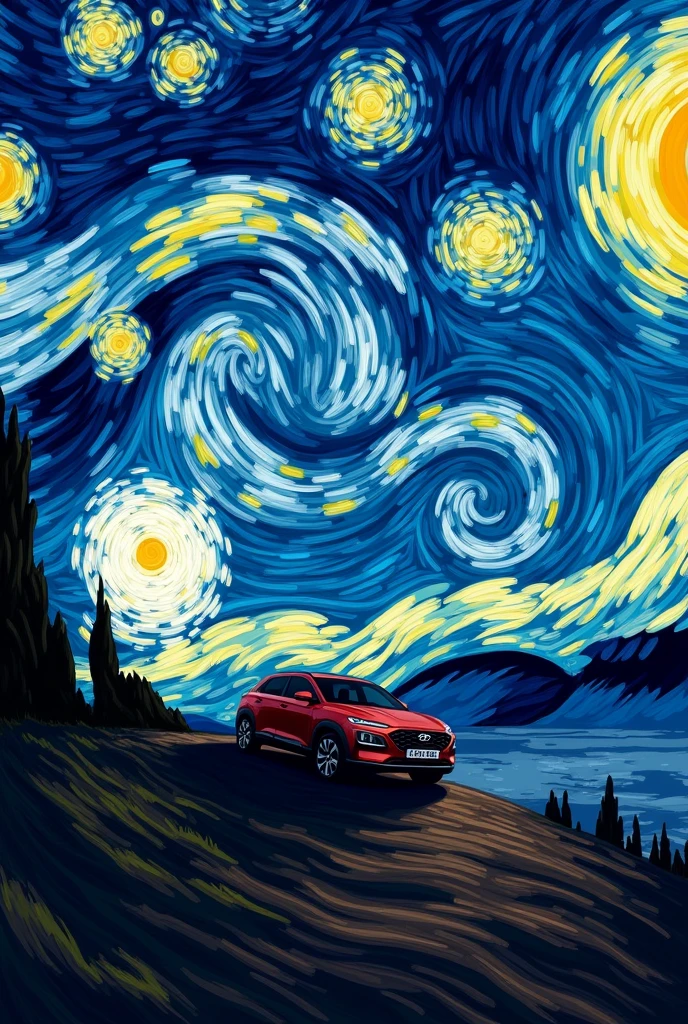 Van Gogh’s starry night with a silhouette of a Hyundai creta in the background. And the image being very artistic. Just like the original starry night art. And let the landscape be vast and the car a bit smaller