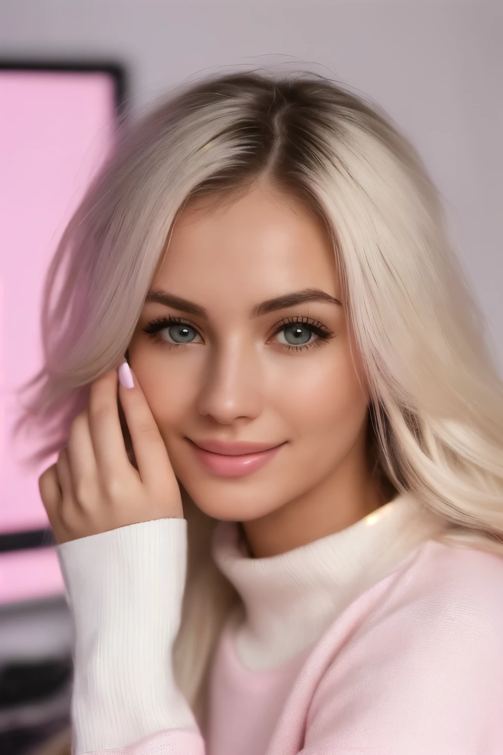 „((Hyper-realistic shot of a Gamer-Girl with long, white hair that has a natural, soft texture and slight waves)). ((She is wearing a large, cozy sweater and sweatpants, both in pink)). ((The sweater is oversized with a relaxed fit, featuring a large, ribbed collar and cuffs, and subtle texture details such as knitted patterns that add depth)). ((The sweatpants are loose-fitting with a soft, brushed texture and elastic waistband, featuring matching pink drawstrings)). ((Her hands are detailed with well-groomed nails, slightly rounded tips, and natural nail polish in a soft pink shade)). ((Her face is rendered with high realism, showcasing smooth, blemish-free skin, natural contours, defined cheekbones, and a gentle, expressive smile)). ((Her eyes are large, deep blue, and naturally bright, with realistic reflections and subtle detail in the irises and eyelashes)). ((The background features a gaming setup with high-quality monitors, a keyboard, and a mouse, all subtly detailed with realistic lighting and shadows)). ((The color palette of the background remains in pink and white tones to match her outfit, with additional details such as slight reflections and ambient light effects to enhance realism)). ((An Instagram filter is applied, adding a subtle glow, softening the skin, and highlighting all the fine details)). ((The shot is in a large close-up, focusing intently on her face and upper body to emphasize realistic details like hair texture, skin imperfections, clothing details, and gaming accessories)).”
