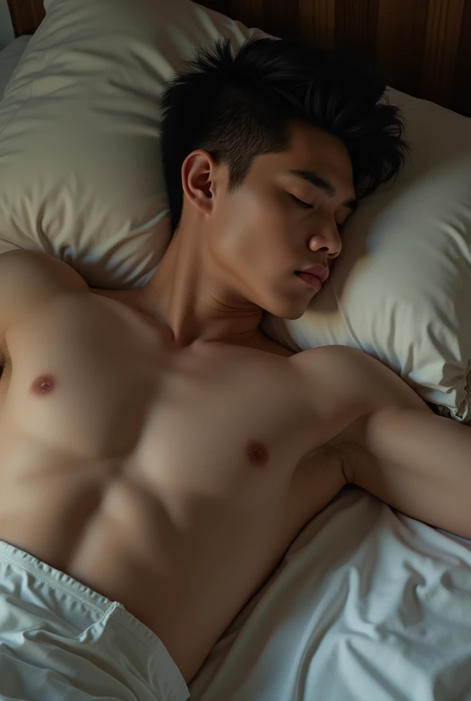 I wish to get photo of Norawit Titicharoenrak, Thai actor, 20 yearsold, sleeping, handsome and has six packs, seeing his full body with sexy underwear, sleeping on the bed, one of his eye opened showing he is passed out.