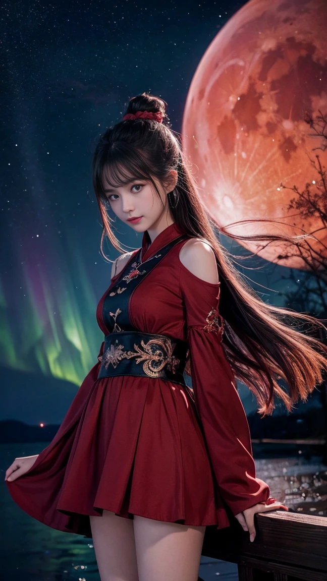 8k、high resolution、photograph、Aurora、Red Moon、Fantasy、mystery、