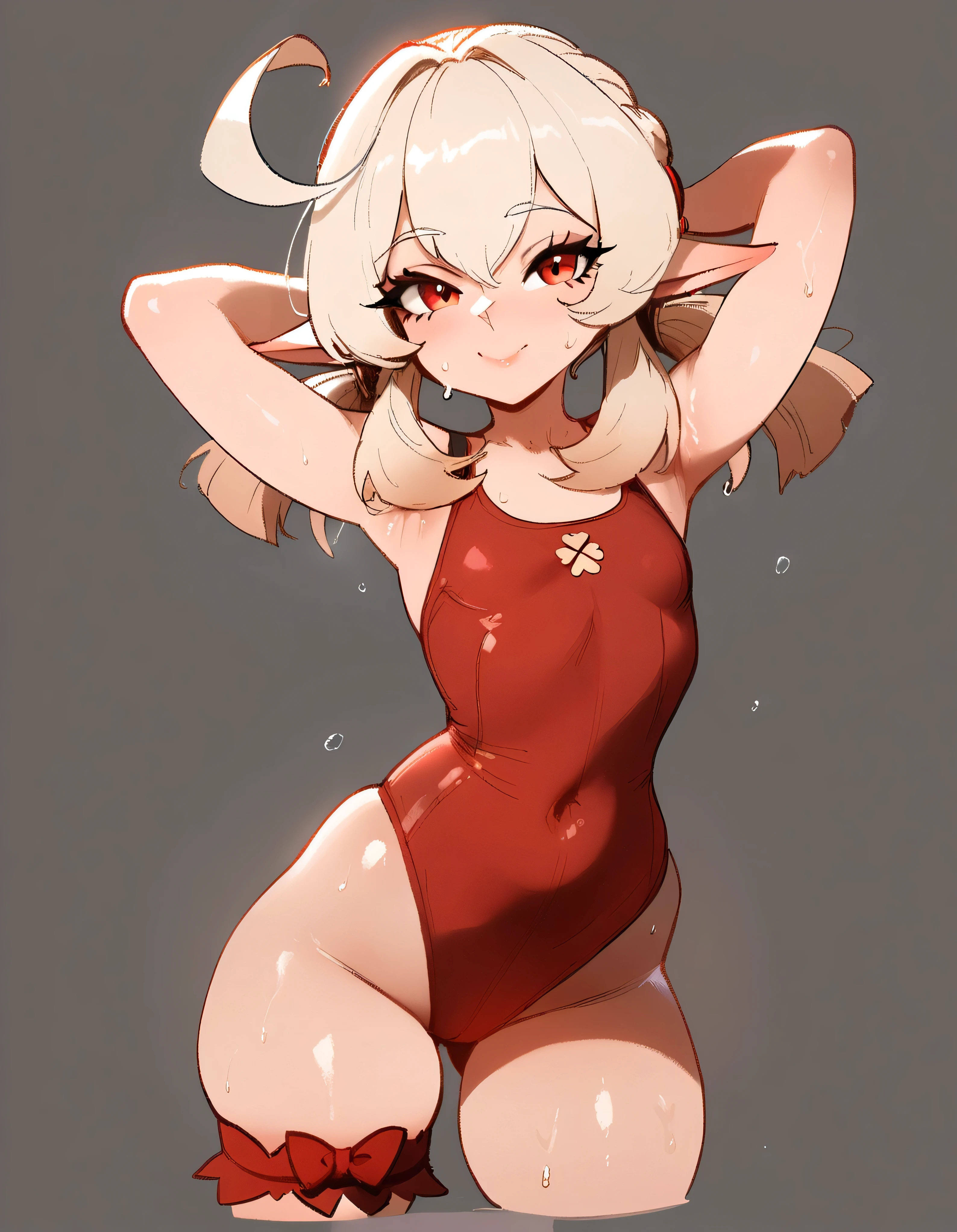 1girl, klee \(genshin impact\), genshin impact \\\\\ masterpiece, best quality, newest, ///// by nyantcha, , by khyle, cutesexyrobutts \\\\\ ,, thin waist, highres, absurdes. looking at viewer, solo, naughty face, solo, grey background, cropped legs,, red clothes, simple background,one-piece swimsuit, , bridal garter,skindentation , arms behind head, wet, sweat, shiny skin, , , straight-on, light red eyes, pale blonde hair with a prominent cowlick, and elf ears , (:1.2), petite, beach, chibi
