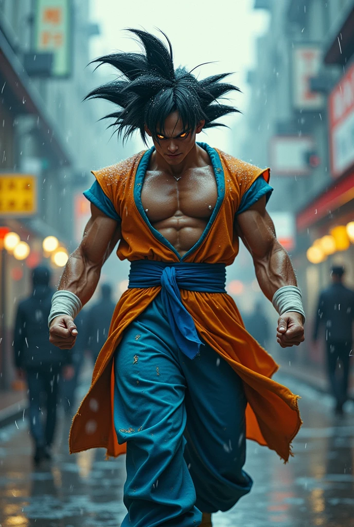 Rain, fragments splash Snowflakes, particles blender Cinematic Composition A realistic photoshoot of an actorSimilar Japanese male model cosplaying dragon ball classic Uniform blue orange white, hair style conceptual messy wind akira toriyama as from RAW photography tmasterpiece Anthropomorphic humanoid freeza nanopunk suit goku ssj4 primal Saiyan's rage facing eyes glow red red gold Torn Viking costume wearing Street attire, Walk wildly through the crowd, intricately details, Intricate work by Gribors, Behind the city, fit-muscled body, Large muscles, Muscular arms, Small head, Scary ogres, Titan soft lighting, Ultra photo realsisim, gentle illumination, sinister environment filmed by Zack Synder variant angles dynamic