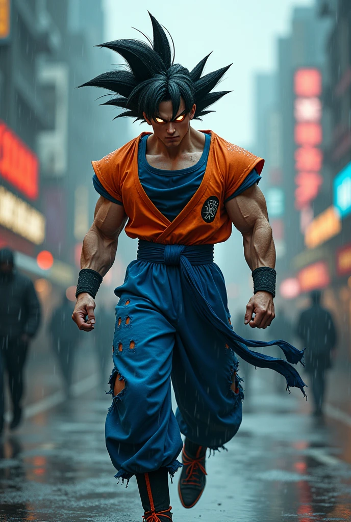 Rain, fragments splash Snowflakes, particles blender Cinematic Composition A realistic photoshoot of an Japanese male model cosplaying dragon ball classic Uniform blue white, hair style conceptual messy wind akira toriyama as from RAW photography tmasterpiece Anthropomorphic humanoid vegeta's rage facing eyes glow red red gold Torn Viking costume wearing Street attire, Walk wildly through the crowd, intricately details, Intricate work by Gribors, Behind the city, fit-muscled body, Large muscles, Muscular arms, Small head, Scary ogres, Titan soft lighting, Ultra photo realsisim, gentle illumination, sinister environment filmed by Zack Synder variant angles dynamic, energy glowing aura chakra yellow through the For your body elétricidade