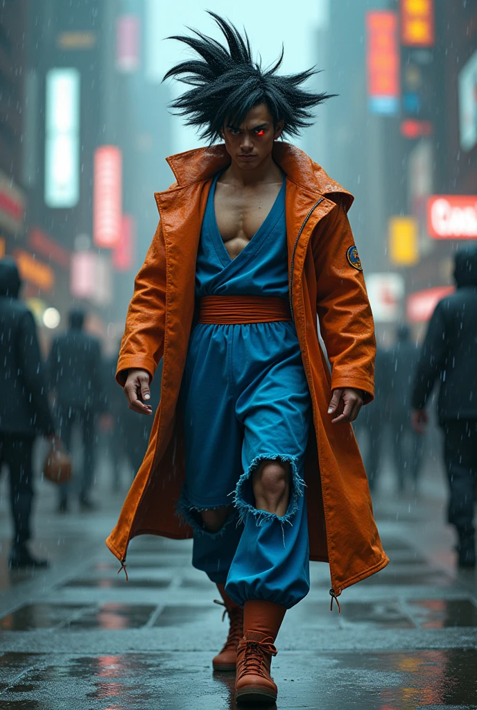 Rain, fragments splash Snowflakes, particles blender Cinematic Composition A realistic photoshoot of an actorSimilar Japanese male model cosplaying dragon ball classic Uniform blue orange white, hair style conceptual messy wind akira toriyama as from RAW photography tmasterpiece Anthropomorphic humanoid freeza nanopunk suit goku ssj4 primal Saiyan's rage facing eyes glow red red gold Torn Viking costume wearing Street attire, Walk wildly through the crowd, intricately details, Intricate work by Gribors, Behind the city, fit-muscled body, Large muscles, Muscular arms, Small head, Scary ogres, Titan soft lighting, Ultra photo realsisim, gentle illumination, sinister environment filmed by Zack Synder variant angles dynamic