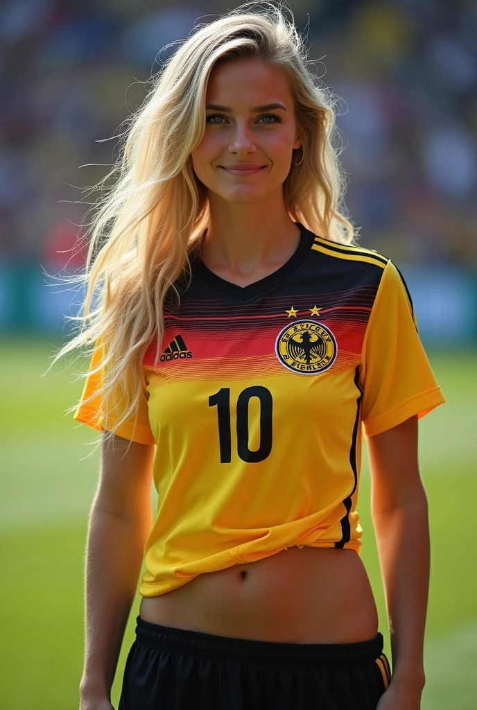 Blonde German soccer player in sexy Germany jersey with big tits, Nipples visible under clothing, Vagina visible