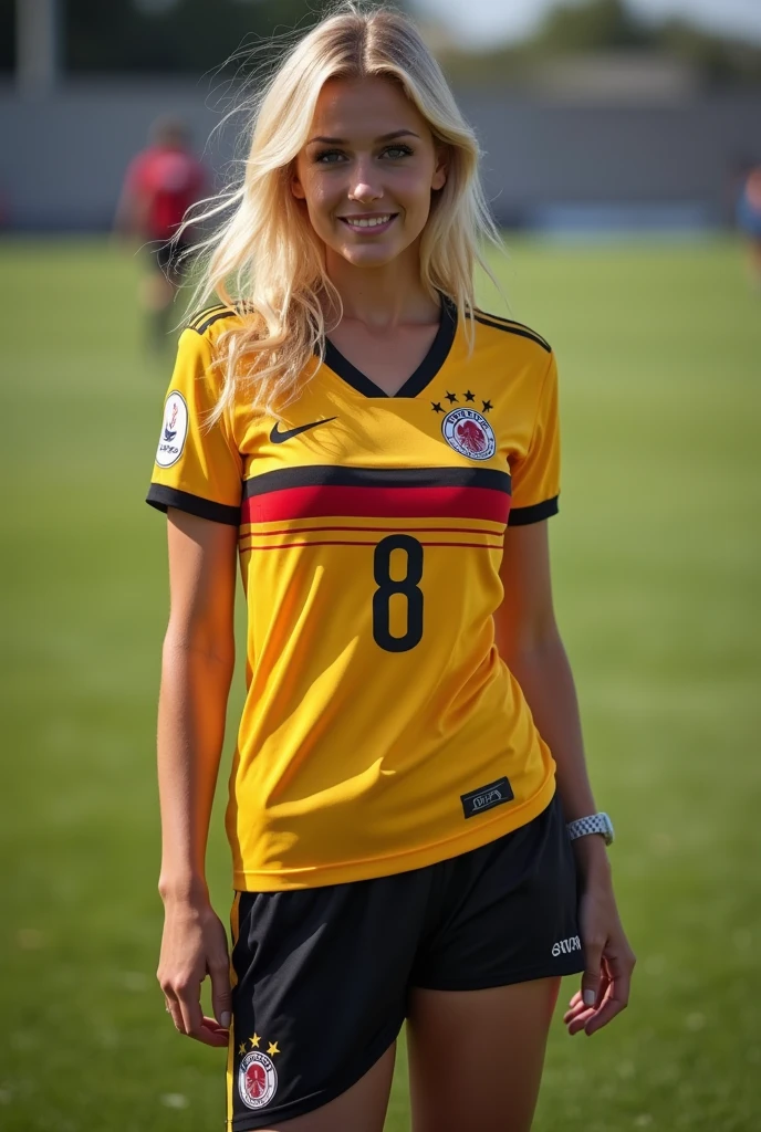 Blonde German soccer player in sexy Germany jersey with big tits, Nipples visible under clothing, Vagina visible  