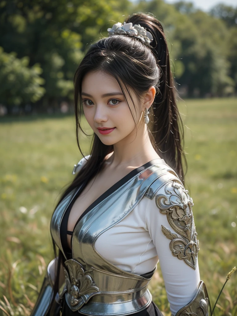 1 beautiful girl wearing a work shirt, ((sexy thin white shirt)), long platinum purple ponytail. Hair, Earrings, Thin black silk scarf, Carefully drawn big purple eyes, Carefully made up, Thin eyebrows, High nose, Beautiful red lips, Bright smile, happy smile, Rosy cheeks, Wide chest, Big breasts, Well-proportioned breasts, Slim waist, Well-proportioned hips, Chinese Hanfu style, Fictional art pattern, Colorful and realistic, sexy, seductive, attractive standing posture, black background, masterpiece,Best quality,A high resolution,8k,Original photo,real photo,Forest Background,((field:1.8)),digital photography,(Female generals on the battlefield of the Han Dynasty),(((Standing on the grass))),1 girl,(long ponytail hairstyle),cparted lips,Full and firm breasts,Noble and charming,Elegant and serious,(Silver Armor),The combination of white metal and red leather,Chest armor,metallic luster,Leather buckle,Exquisite pattern,mysterious badge,Cool and gorgeouig breasts)),Chest groove,Three Kingdoms character painting style,Photo pose,oc render reflection texture,Bright colors,Looking at the camera,Bright afternoon