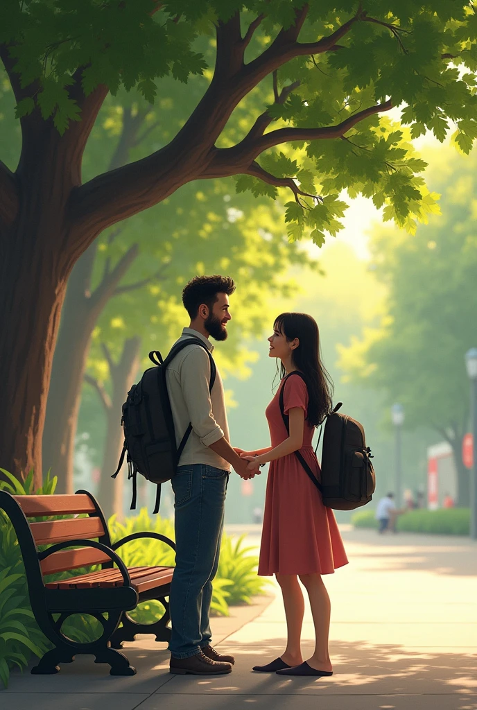 A realistic image of a meeting in a tree-lined square between a man (40 year old, Cao Cao, Scrawny, unshaven beard, with a travel backpack on the side) is a woman (3, Average height, Long dark hair, a little chubby). They are virtual lovers and are meeting for the first time., coming to meet each other in a warm embrace under a tree under which there is a bench.