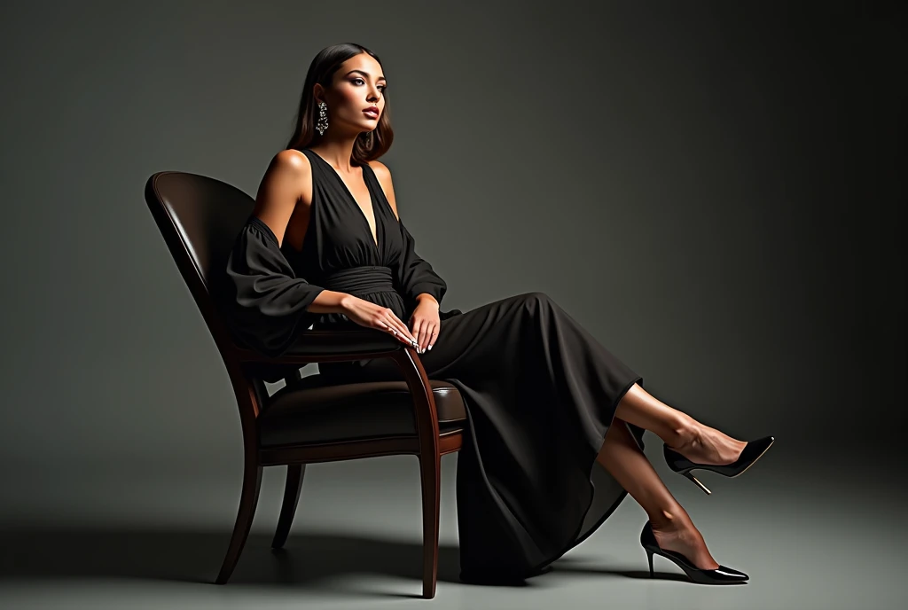 beautiful model, fashion, RAW photo, best photograph, fashion night, models pose, dynamic, studio, perfect lighting, fashion show, leaning on the chair, legacy, model queen