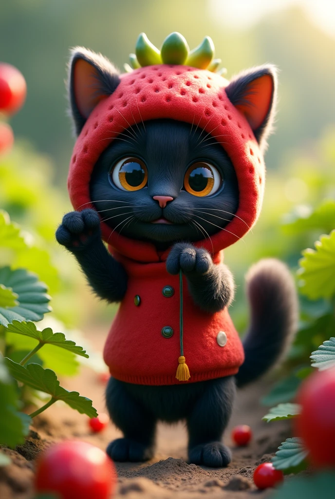 A small black cat standing facing forward with its front legs raised。
Big eyes with a cute, human-like expression。Slightly larger head than body。limbs are short。A fluffy, large tail。
Wearing a strawberry-shaped hat、Wearing cute clothes。Glossy texture。
The background is a strawberry field