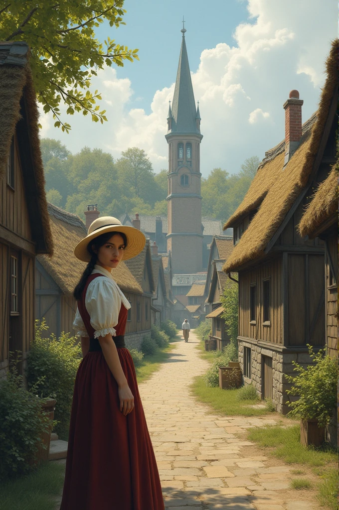 A tranquil view of an 18th-century village with wooden houses, a church steeple, and people going about their day. In the foreground, a woman in a bonnet glances over her shoulder suspiciously.
