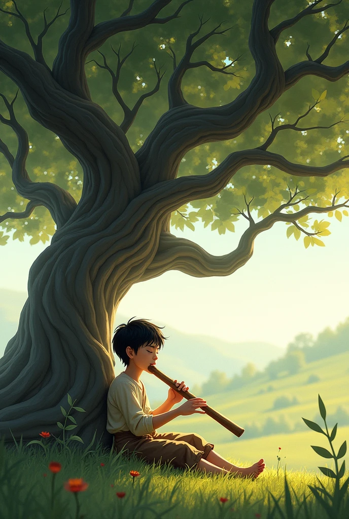 Give me a realistic picture of a boy playing flute while relaxing in the shade of a tree.