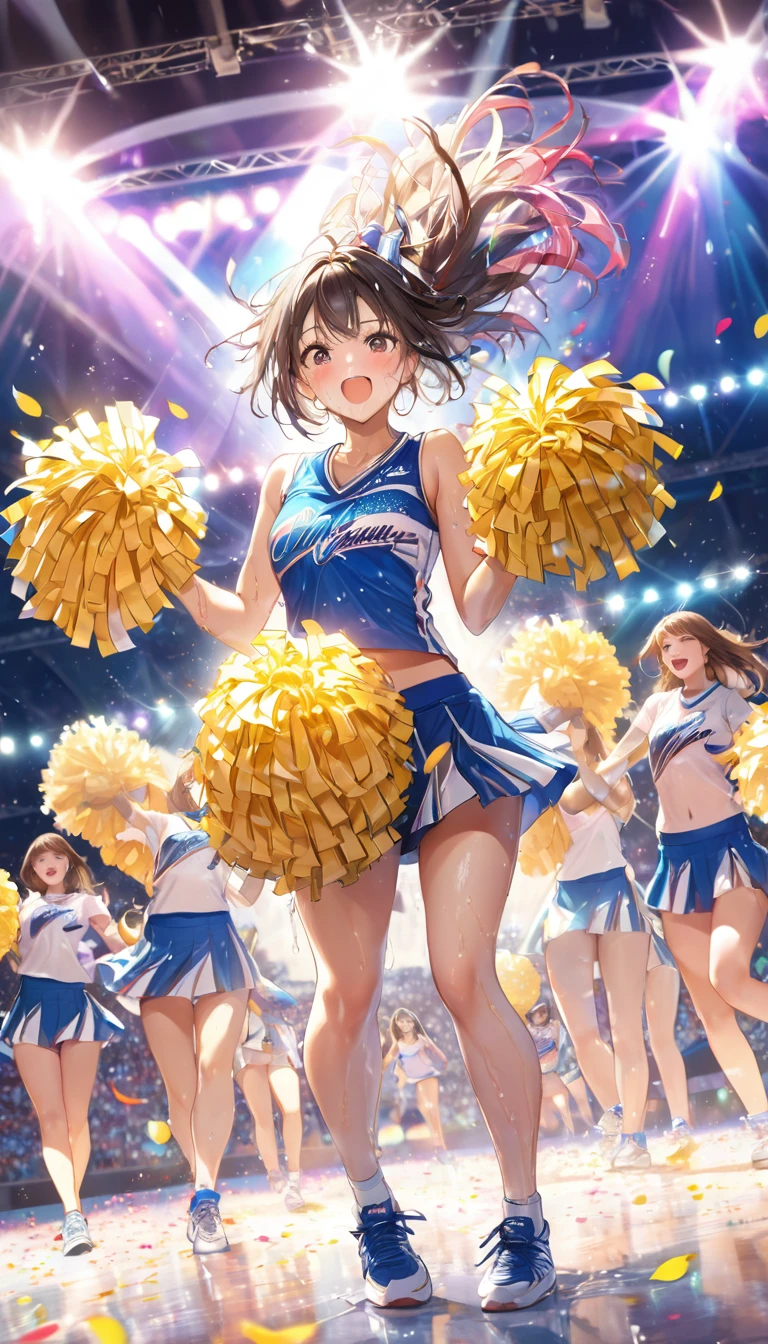 (Sports magazine cover photo), Highest quality, Great quality, 16K, Unbelievably absurd, Very detailed, delicate and dynamic, Natural light, The particles reflect light, Diffuse reflection of light, Many rainbow-colored petals fall, Beautiful stage, Sparkling Sun, Diffuse reflection of light, Create amazing image effects, Cheer girl, Wet, sweating, Cheerleading, Holding pom-poms, Dancing, Close-up(Cute sexy girl, big bouncing busts, Sensual expression, Cool girl, Serious, passion, Dynamic, cheerleading uniform, audience ,much-air-laden cheer)
