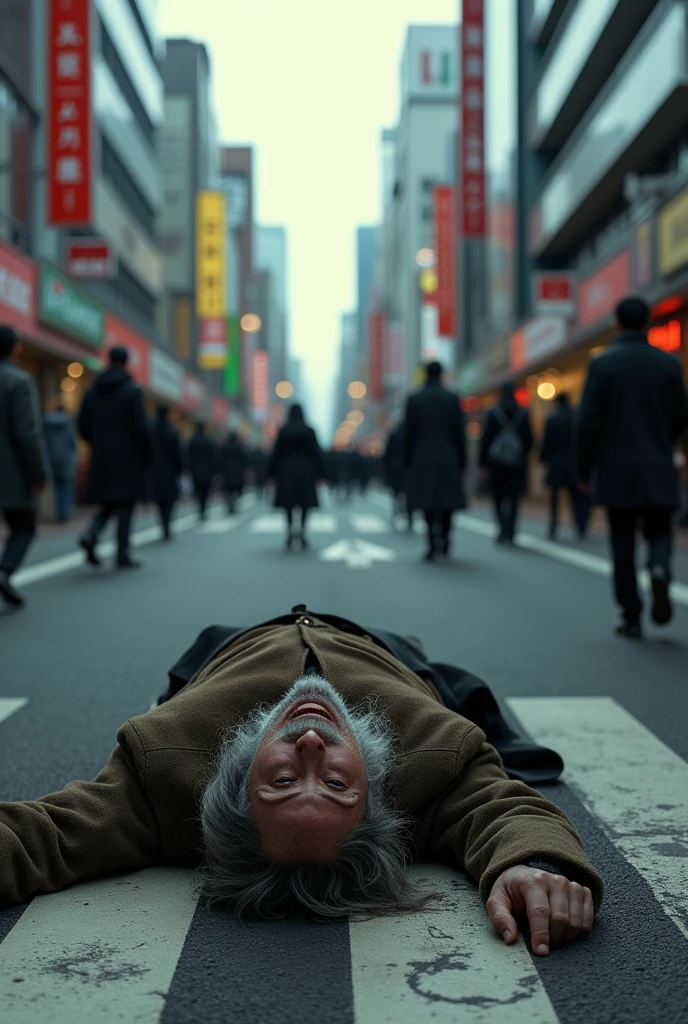 An elderly homeless man is found dead on the street in Shinjuku, Tokyo、Next to him were many office workers andＯＬBut he&#39;s walking along without paying any attention.、urban solitude、The coldness of the city、