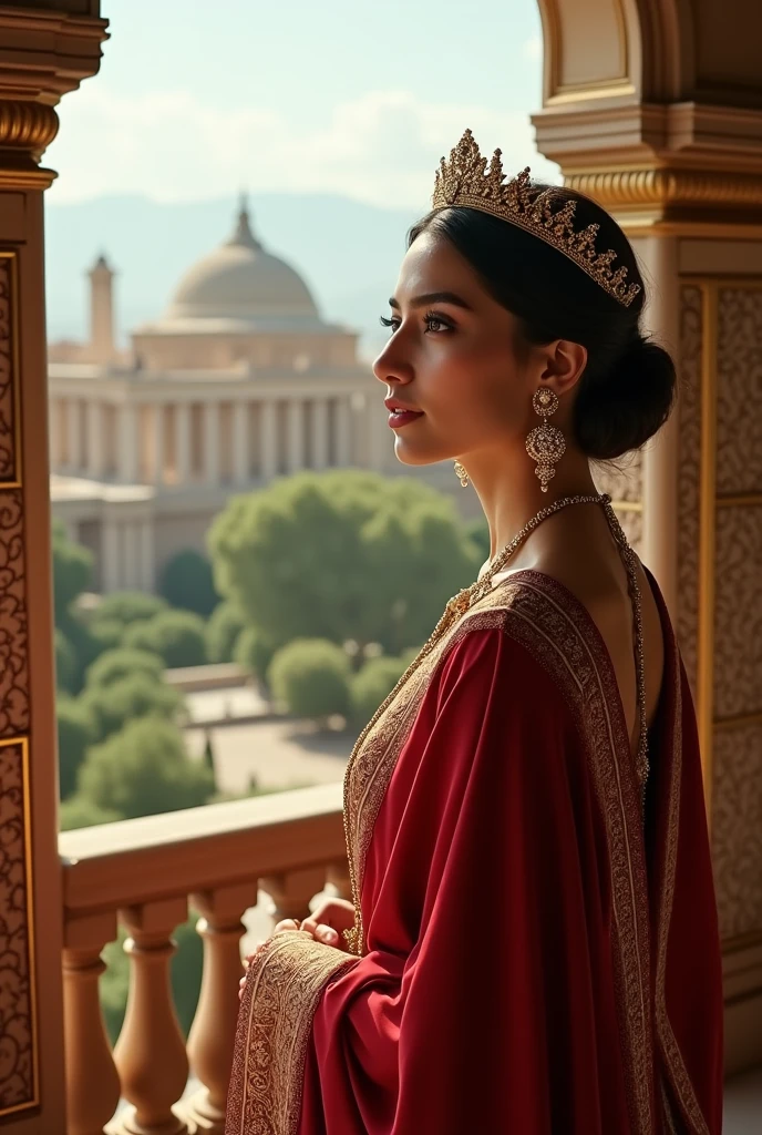 An authentic Iranian woman with a crown, jewels and gold earrings looks at Persepolis from the balcony of her palace.