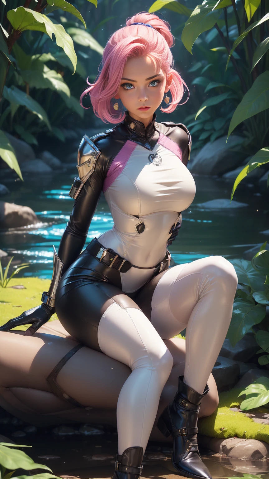 (realistic, photorealistic), ((( Christina Chong beautiful face, narrowed eyes. smirk. black braided hair ))), 1girl, blue short hair, white hair ornament, ((white bodysuit, gloves)), thighs, (full body), squatting, (spread legs), (cowboy shot),(masterpiece, high quality, best quality), (colorful),(delicate eyes and face), volumatic light, ray tracing, extremely detailed CG unity 8k wallpaper,solo((flying petal)),outdoors, town, flowers, houses, paths, green plants, blue sky, clouds
