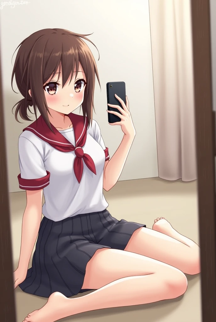 score_9, score_8_up, score_7_up, rating_explicit, score_anime, masterpiece, best quality, delicate illustration, sharp line, sharp focus, absurdres, BREAK a girl, pet red collar, (school uniform), short sleeves, sitting on the floor, m legs, spread legs widely, knees up, spread pussy by self with one hand, she is must in the frame full-length mirror, BREAK at own room, (in the frame of the mirror), selfie, must have a cellphone, no shoes,