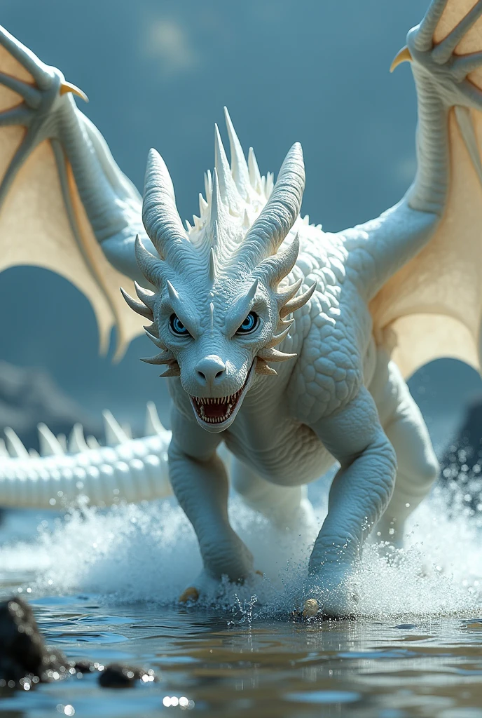 Beautiful 4 legged white dragon with large wings and blue eyes walking in shallow water, fierce features, sharp teeth, long tail, spikes along head with water-like qualities.