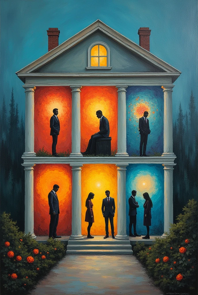 The painting is a symbolic and contemplative representation of the idea that life is a series of unexpected encounters and experiences., as described in poem "The Guest House". The work combines figurative and abstract elements to illustrate the metaphor of the home as a welcoming space where diverse emotions and experiences arrive as visitors., reflecting the transient and multifaceted nature of human existence.

middle shot: The Guest House

A pintura apresenta uma casa acolhedora e simbólica, which serves as the focal point of the scene. The house is represented with classical architecture, but with an almost ethereal quality, as if floating in a dream space. Its walls are transparent and illuminated, allowing the interior of the house to be visible and the emotions and experiences that come as visitors to be easily identifiable.

Visitors and Their Emotions Inside the House, several visitors are present, each representing a different emotion or experience. These visitors are portrayed with colors and shapes that reflect their nature.:

cheerfulness: Depicted as a radiant figure surrounded by a golden aura, bringing light and color to the environment. She is portrayed with an expression of happiness and exuberance, dancing and interacting happily with other visitors.

depression: Represented by a figure wrapped in shades of deep blue and gray, with a hunched posture and an expression of sadness. Despite his gloomy appearance, she is treated with dignity and respect within the house.

Lack of Sense: Represented as a vague and nebulous figure, with undefined contours and an ethereal presence. This figure appears to float and change shape, symbolizing the feeling of confusion and emptiness.

Pain and Disturbances: Represented by abstract and tumultuous figures that seem to disarray the home environment. These figures are shown in motion, creating an effect of disorder and agitation, but also a sense of transformation 