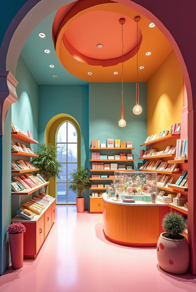 create the interior of a colorful stationery store in the form of architecture and interior design with several colorful shelves and a different design