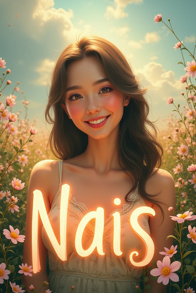 write "NAIS" in an aesthetic field in capital letter. write "you're a pretty girl with beautiful heart"