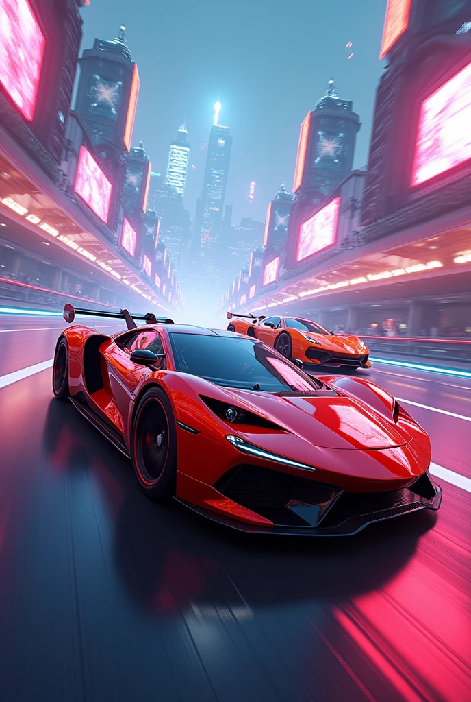 Race a red car vs an orange car, on a futuristic track make the winning orange