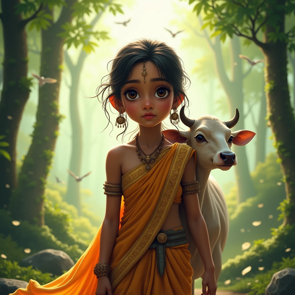 A square-shaped face with a spot on the right side of the nose A girl wearing a long sari in her hair In a forest background There should be birds in the background The girl should have a cow on her left shoulder 8k 