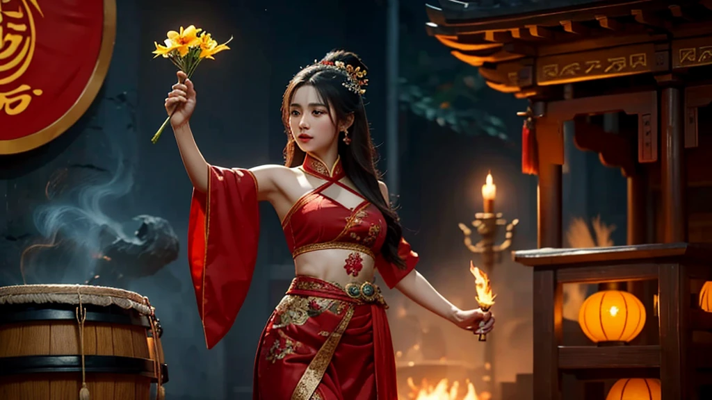 auspicious days and good days, respectfully worship the emperor; Holding a long sword jade as a handle, the jade on his body is ringing. Yao Xi jade pressed the four corners, offered flowers to scatter fragrance, wrapped in ripe orchid as a cushion, dedicated to Du wine pepper soup. Raise the drumsticks and beat the drums in unison, and the drums beat loudly; The beat is sparse and slow, and the drums are sung loudly. The group of witches have good dance costumes, and the fragrance of Feifei is full of halls; All kinds of music are mixed and noisy, Taiyi is happy and healthy!