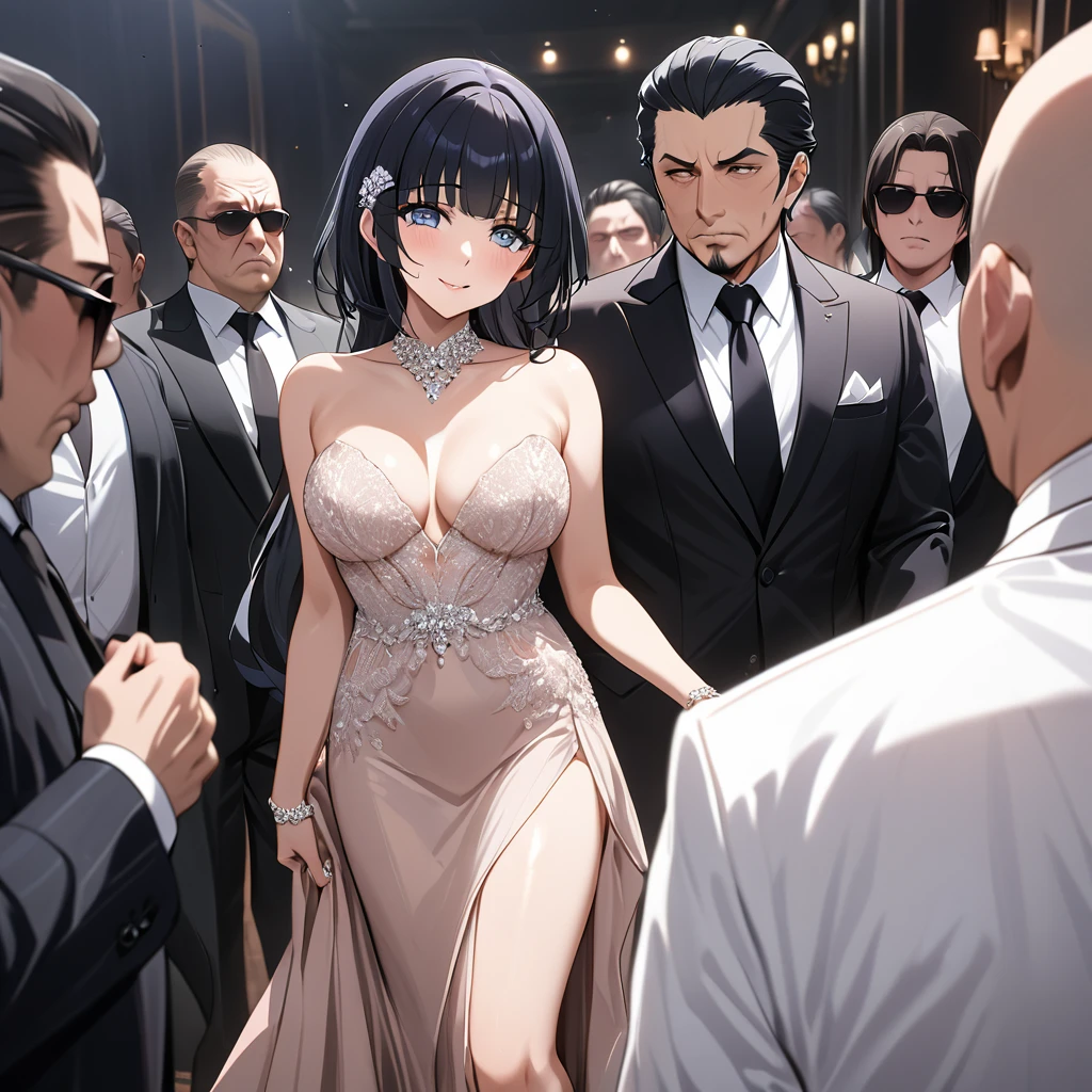 ((Highest quality)), ((masterpiece)), (detailed), （Perfect Face）、The woman is Reika Aoki, the wife of a mafia boss, with medium-long black hair and an engagement ring.、The woman is wearing a gorgeous mafia-like party dress at a luxurious party venue and is being escorted by a mafia boss.、The woman is happily being escorted by the mafia boss