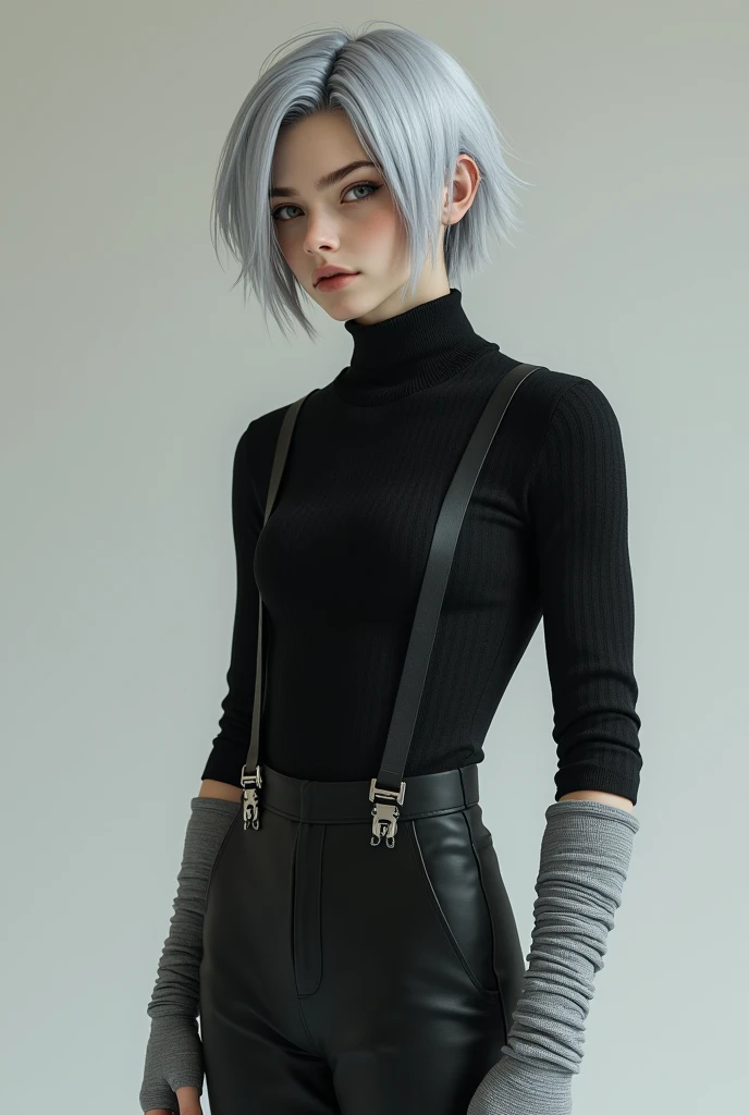 A young male with silver hair in a curtain style haircut with a black t shirt with a black turtle neck, his forearms and hands were wrapped in gray bandages, he wore black pants with elite suspenders waist straps and Nike shoes